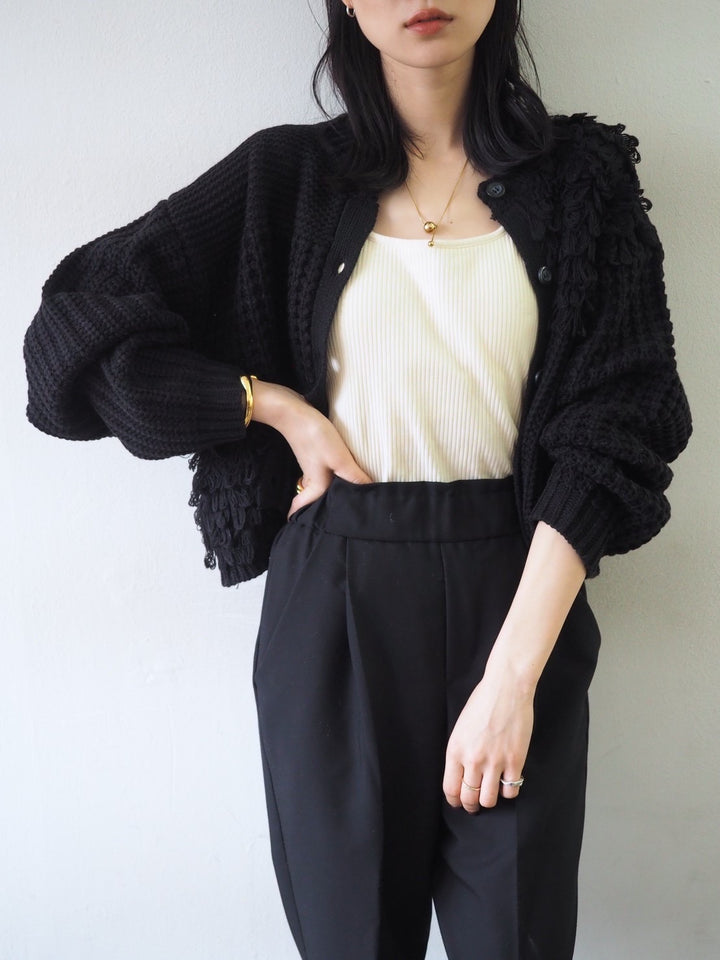 ループ編みデザインニットカーディガン/ブラック