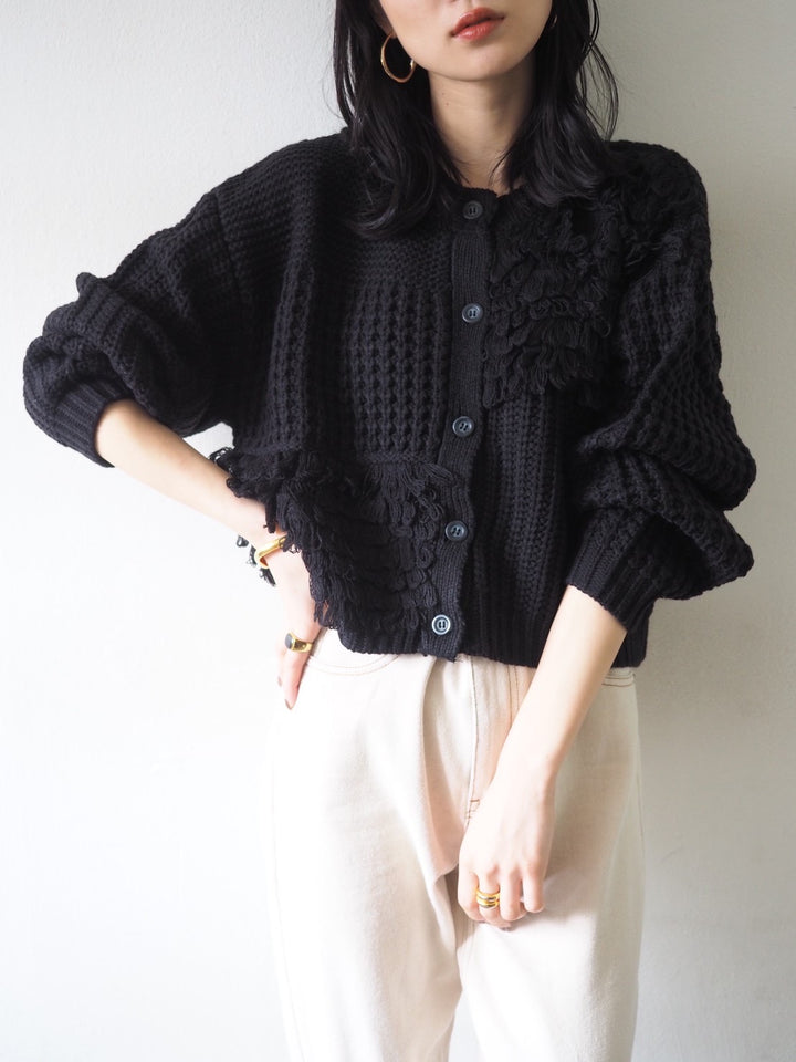 ループ編みデザインニットカーディガン/ブラック