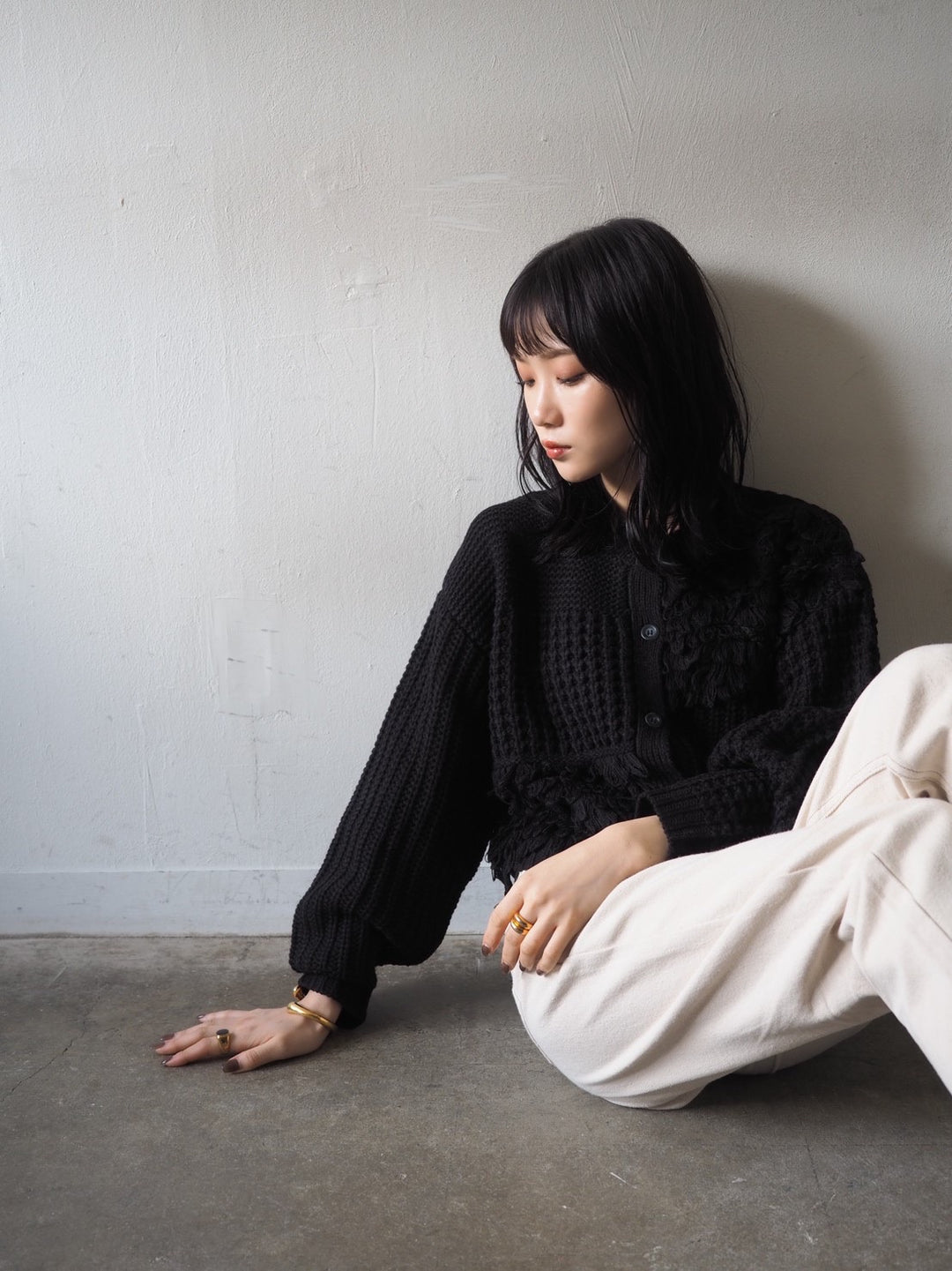 ループ編みデザインニットカーディガン/ブラック