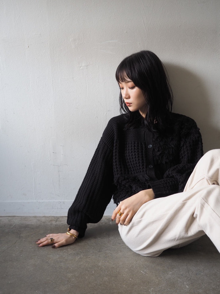 ループ編みデザインニットカーディガン/ブラック