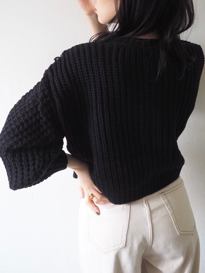 ループ編みデザインニットカーディガン/ブラック