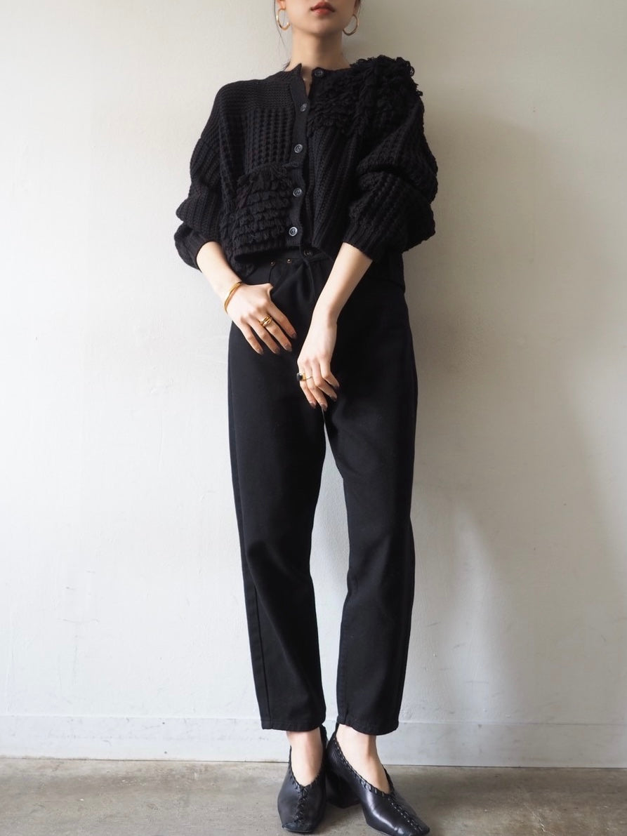 ループ編みデザインニットカーディガン/ブラック