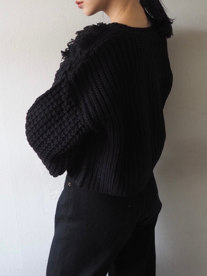 ループ編みデザインニットカーディガン/ブラック