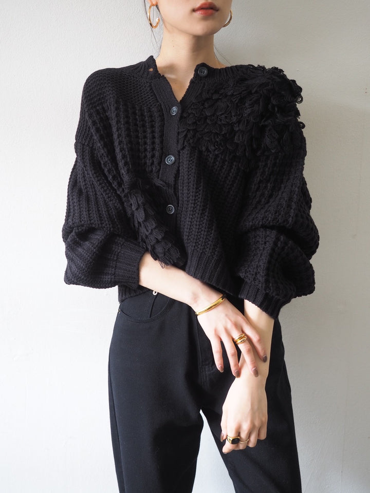 ループ編みデザインニットカーディガン/ブラック