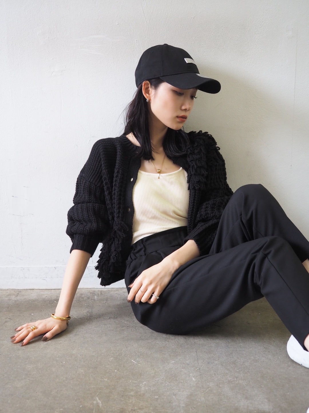 ループ編みデザインニットカーディガン/ブラック