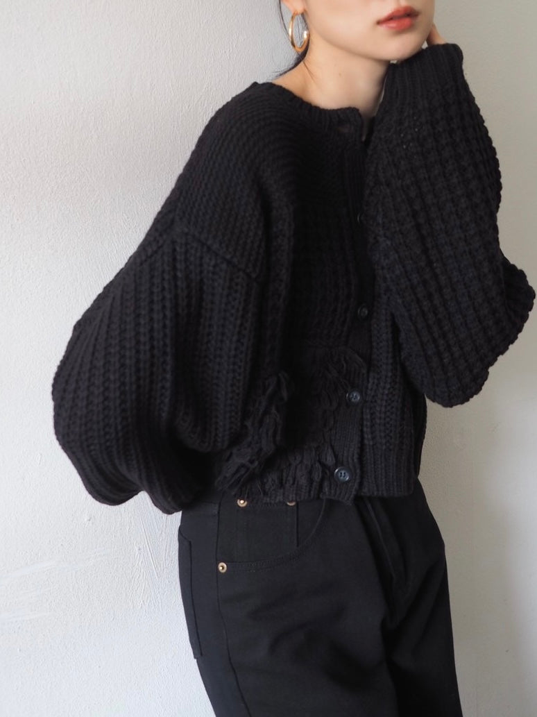 ループ編みデザインニットカーディガン/ブラック
