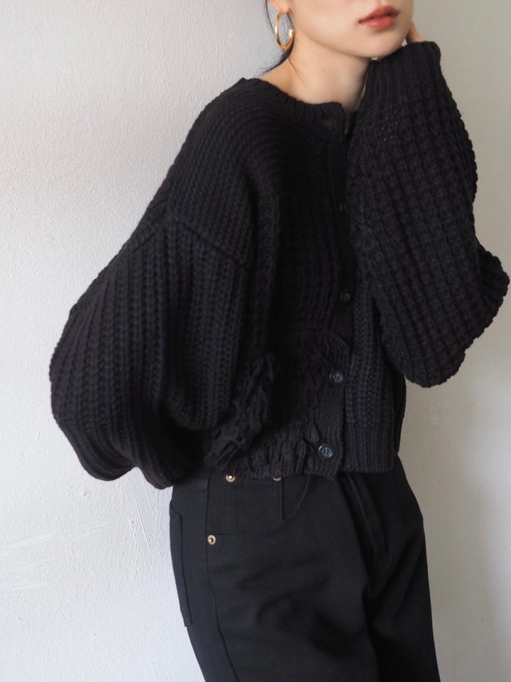 ループ編みデザインニットカーディガン/ブラック