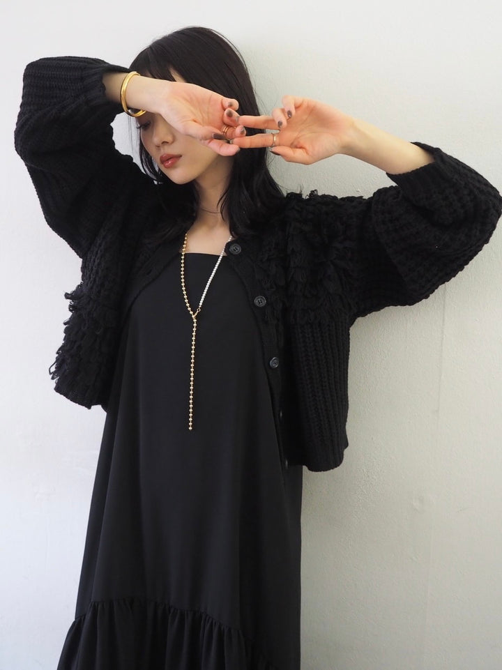 ループ編みデザインニットカーディガン/ブラック
