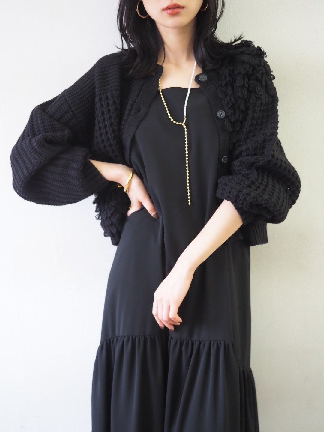 ループ編みデザインニットカーディガン/ブラック