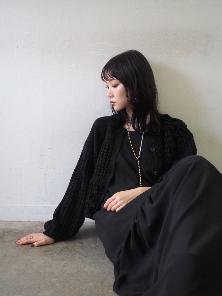 ループ編みデザインニットカーディガン/ブラック