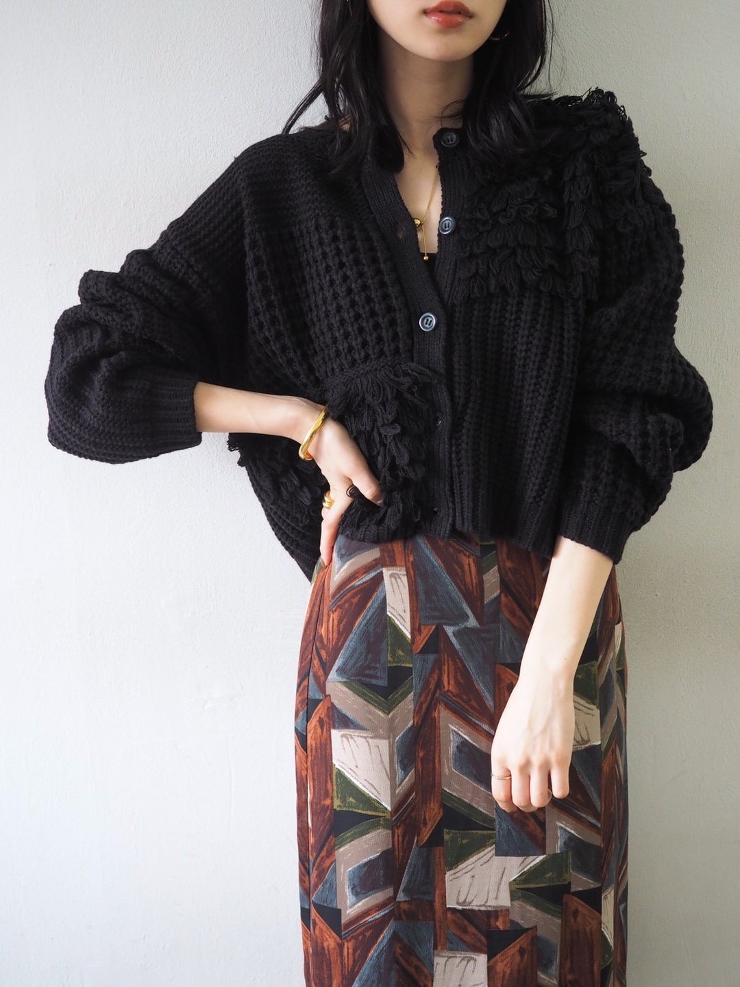 ループ編みデザインニットカーディガン/ブラック