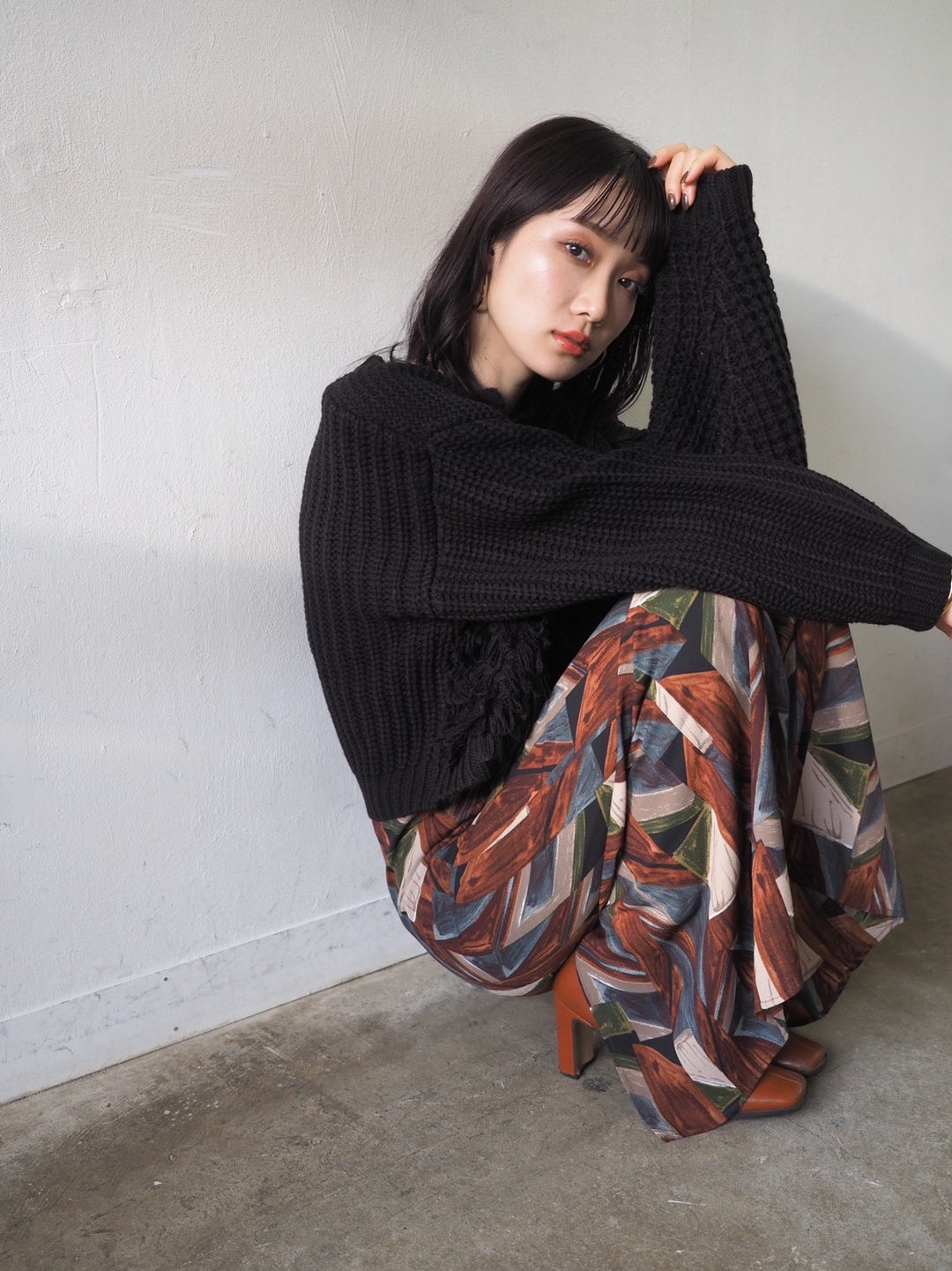 ループ編みデザインニットカーディガン/ブラック