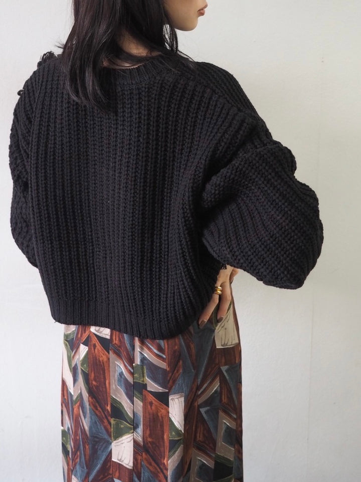 ループ編みデザインニットカーディガン/ブラック