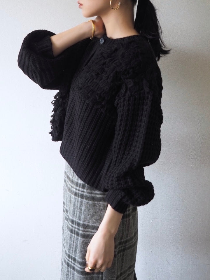ループ編みデザインニットカーディガン/ブラック
