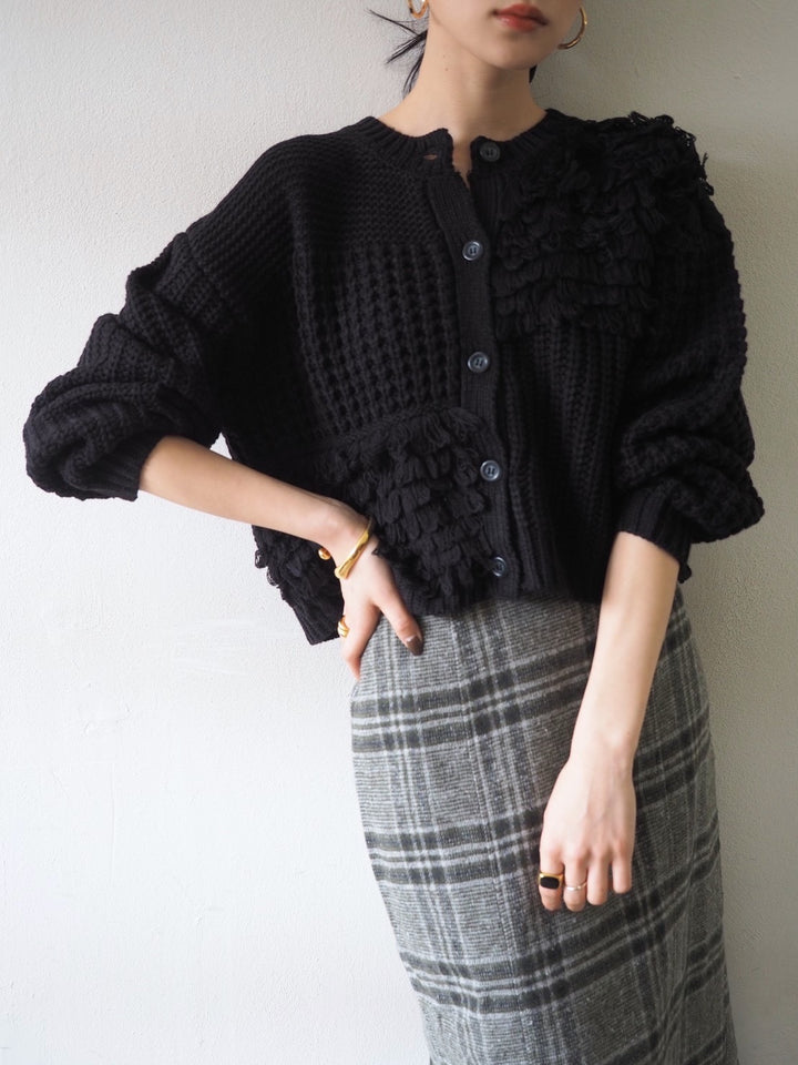 ループ編みデザインニットカーディガン/ブラック