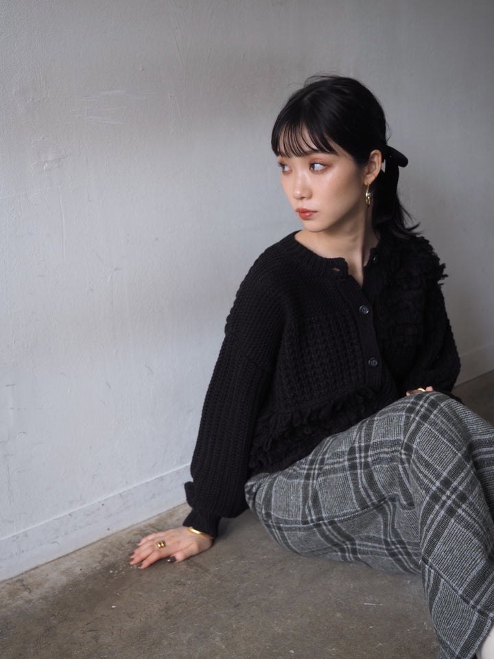 ループ編みデザインニットカーディガン/ブラック