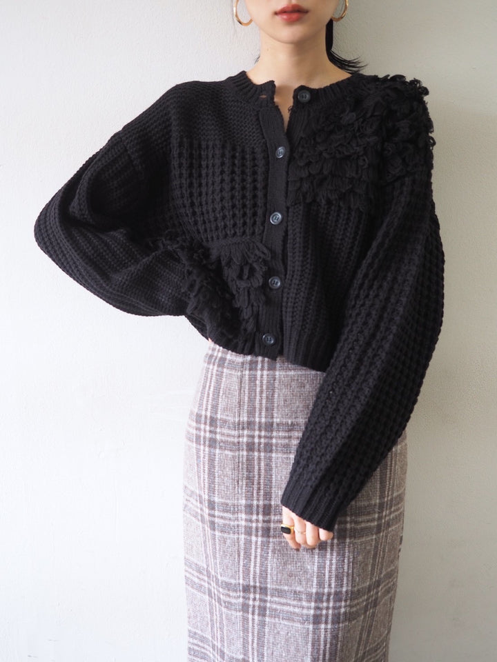 ループ編みデザインニットカーディガン/ブラック