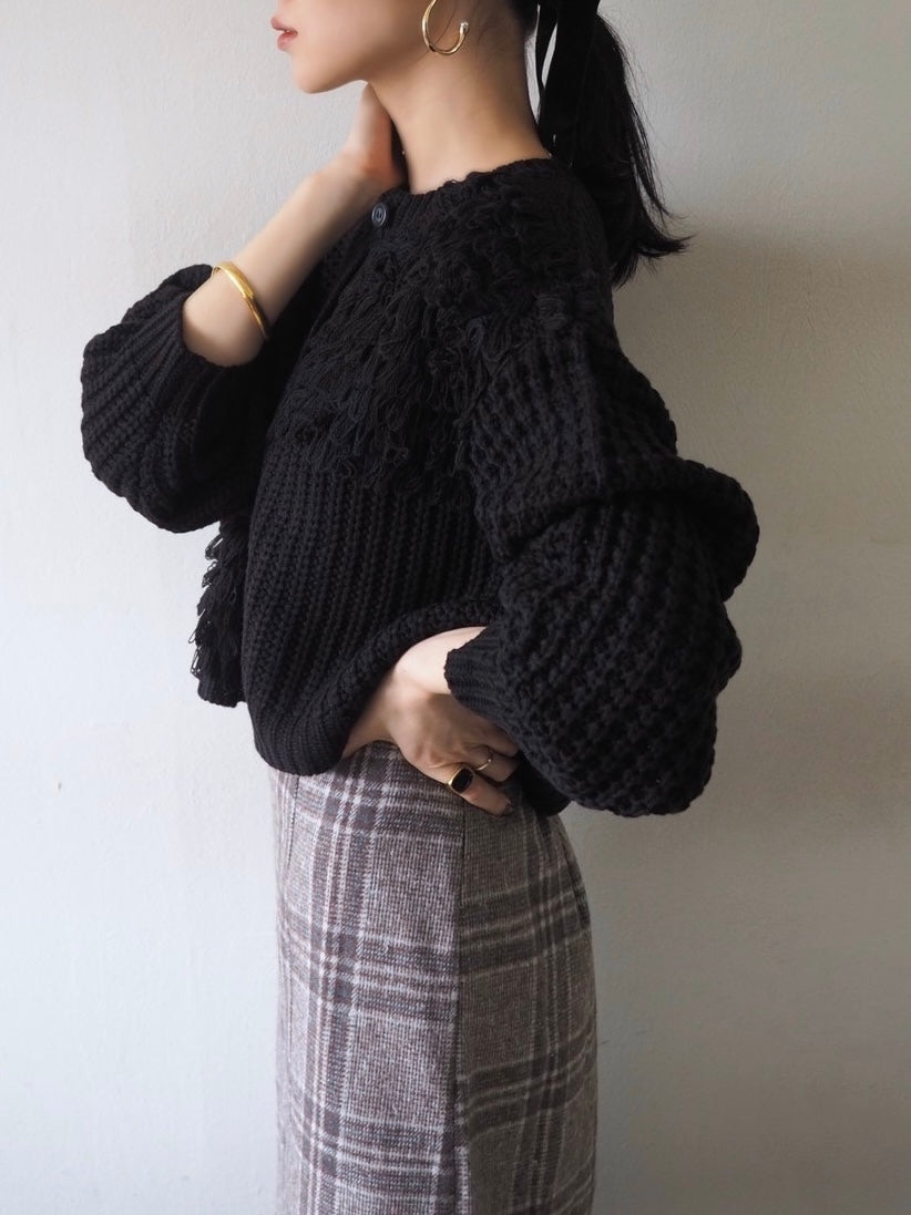 ループ編みデザインニットカーディガン/ブラック