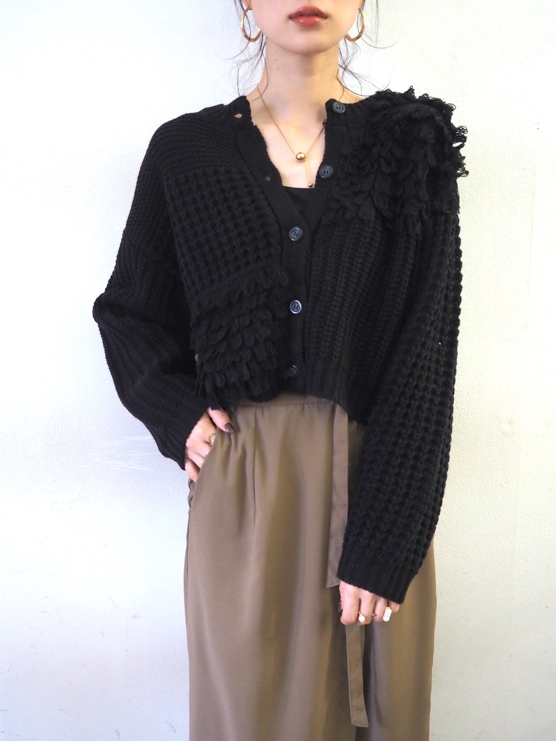 ループ編みデザインニットカーディガン/ブラック