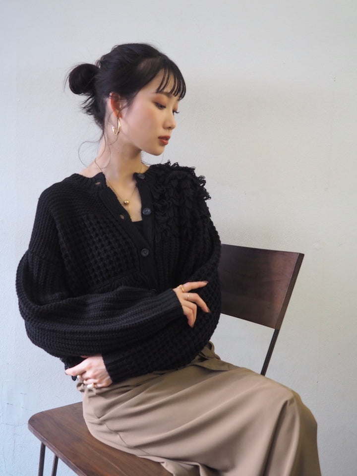 ループ編みデザインニットカーディガン/ブラック