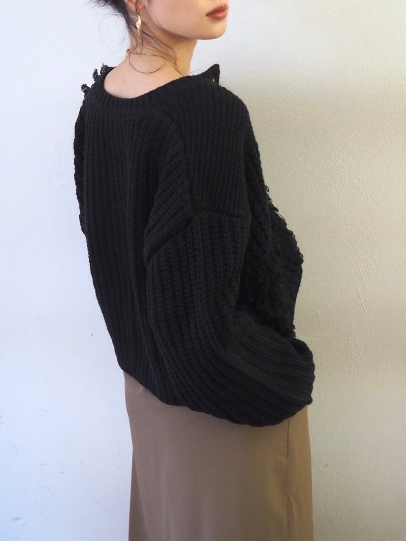 ループ編みデザインニットカーディガン/ブラック