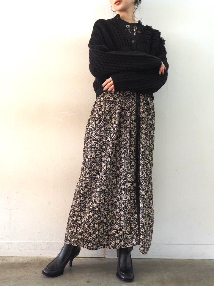 ループ編みデザインニットカーディガン/ブラック