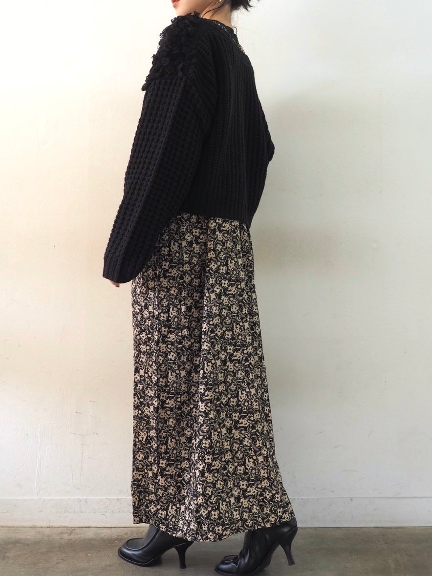 ループ編みデザインニットカーディガン/ブラック