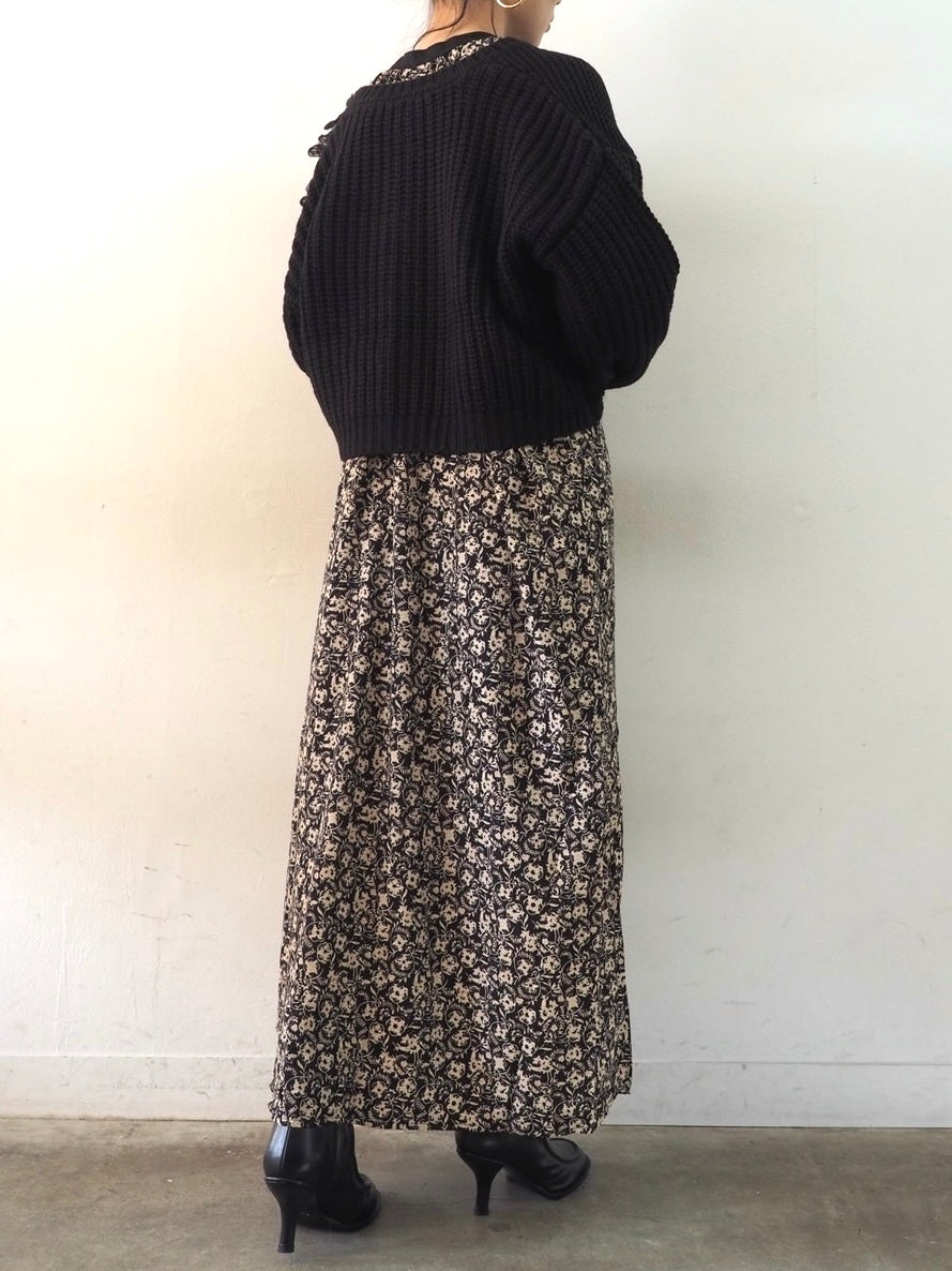 ループ編みデザインニットカーディガン/ブラック