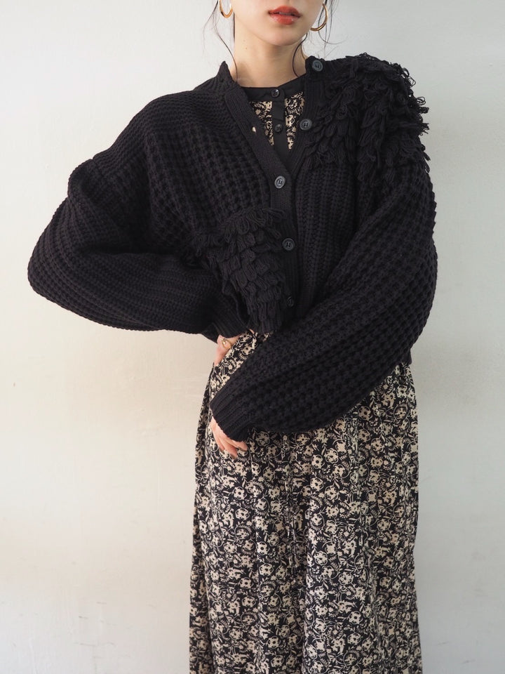 ループ編みデザインニットカーディガン/ブラック