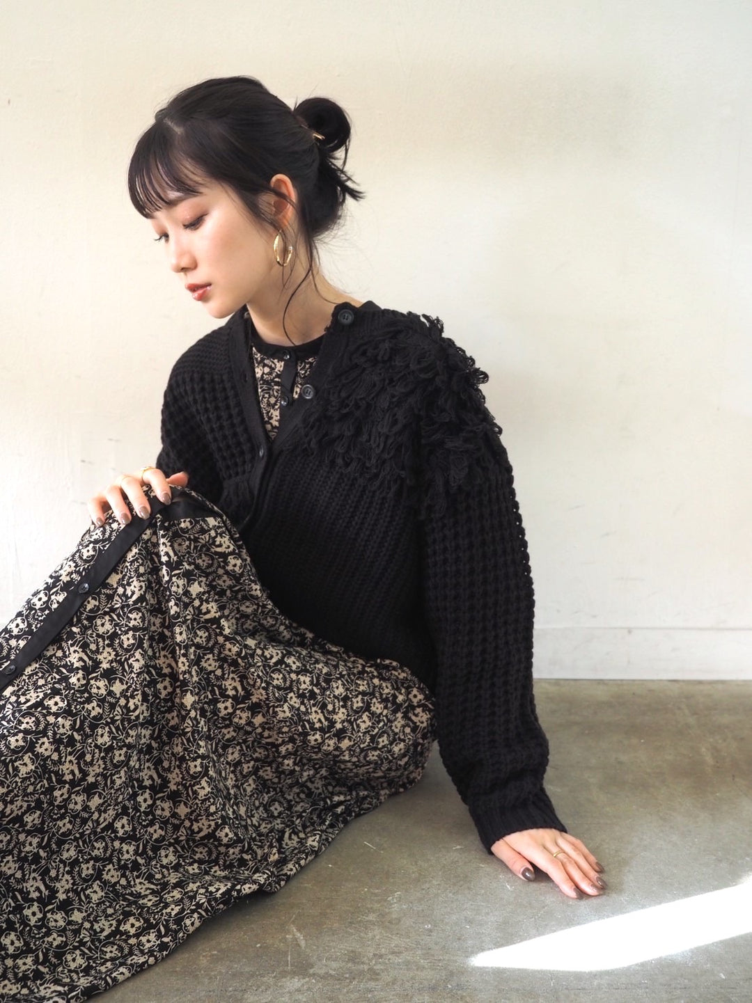 ループ編みデザインニットカーディガン/ブラック