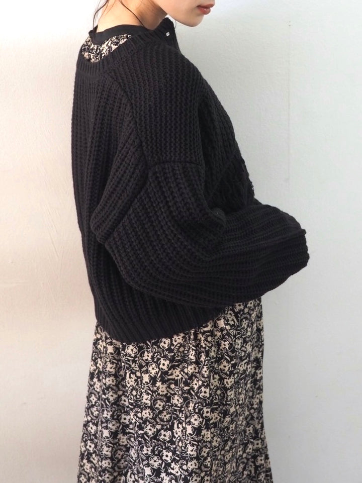 ループ編みデザインニットカーディガン/ブラック