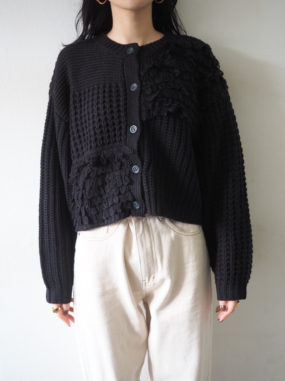 ループ編みデザインニットカーディガン/ブラック