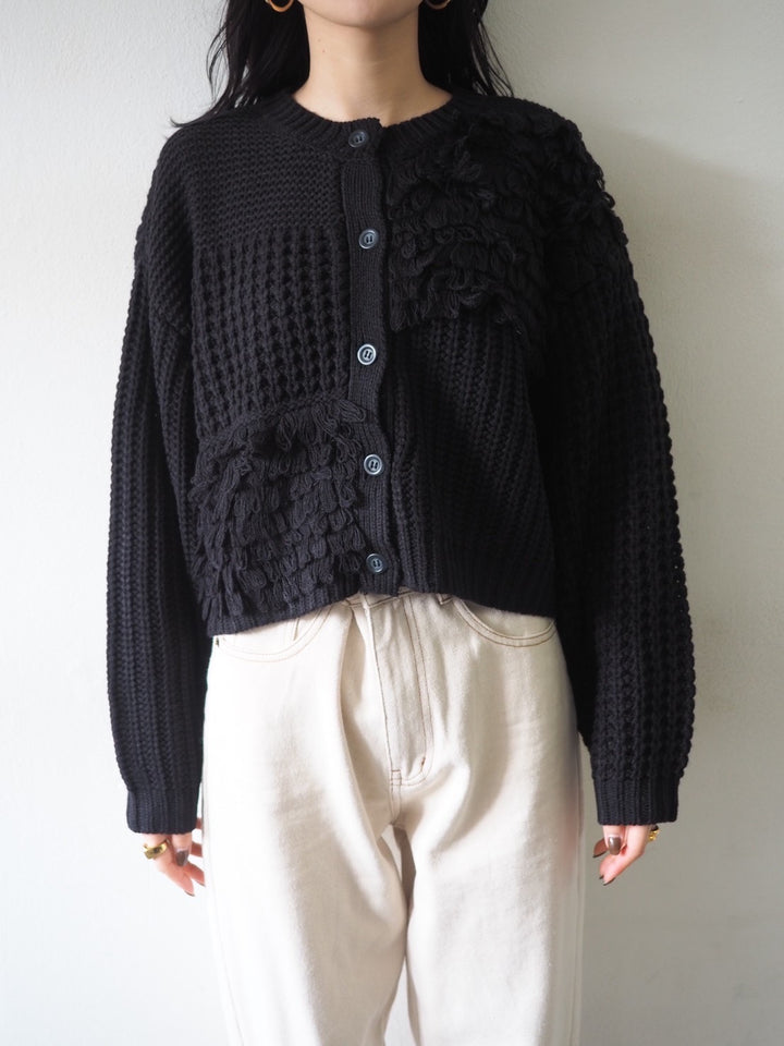 ループ編みデザインニットカーディガン/ブラック