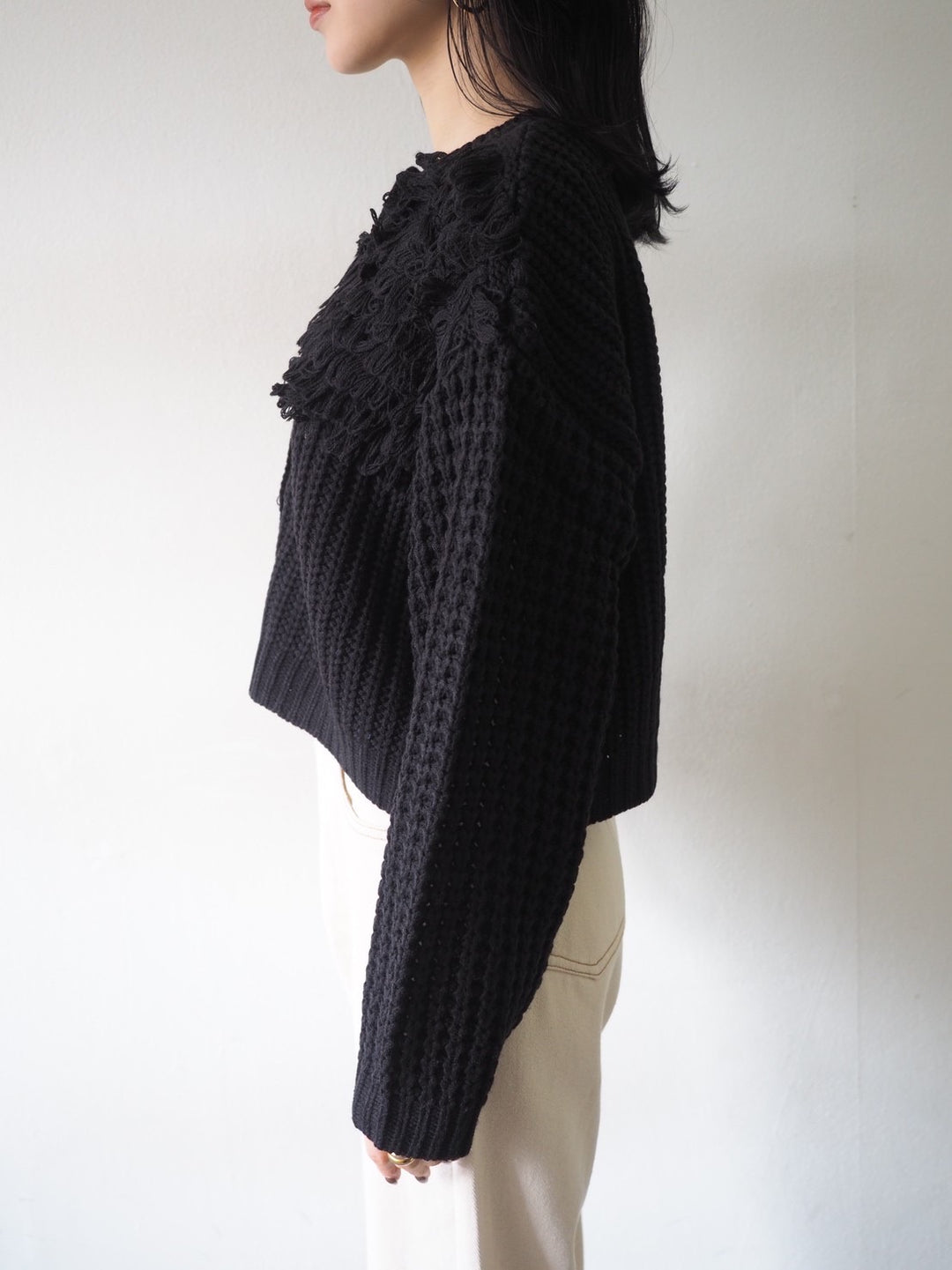 ループ編みデザインニットカーディガン/ブラック