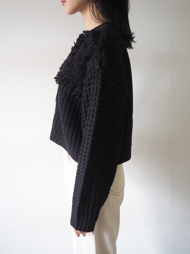 ループ編みデザインニットカーディガン/ブラック