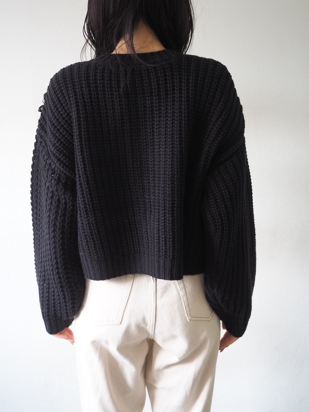 ループ編みデザインニットカーディガン/ブラック