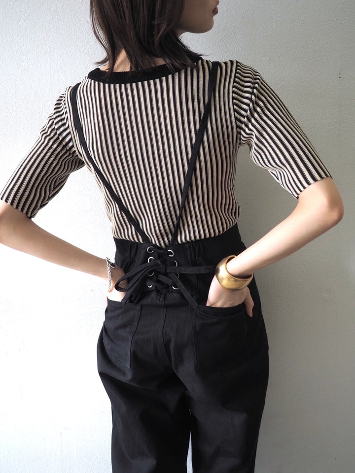 [Pre-order] Striped 5/8 Sleeve Knit Top/Black