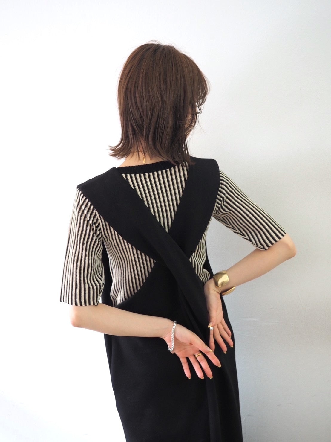 予約]ストライプ5分袖ニットトップス/ブラック – Lumier