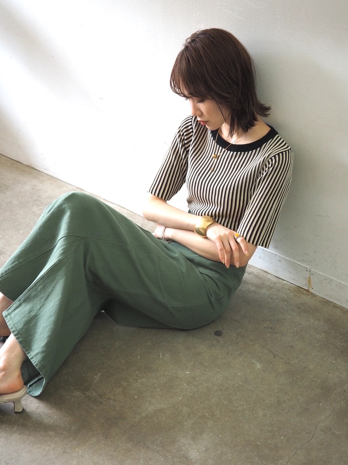 予約]ストライプ5分袖ニットトップス/ブラック – Lumier