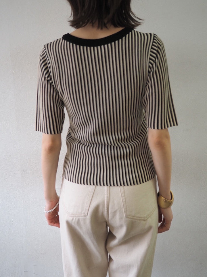[Pre-order] Striped 5/8 Sleeve Knit Top/Black