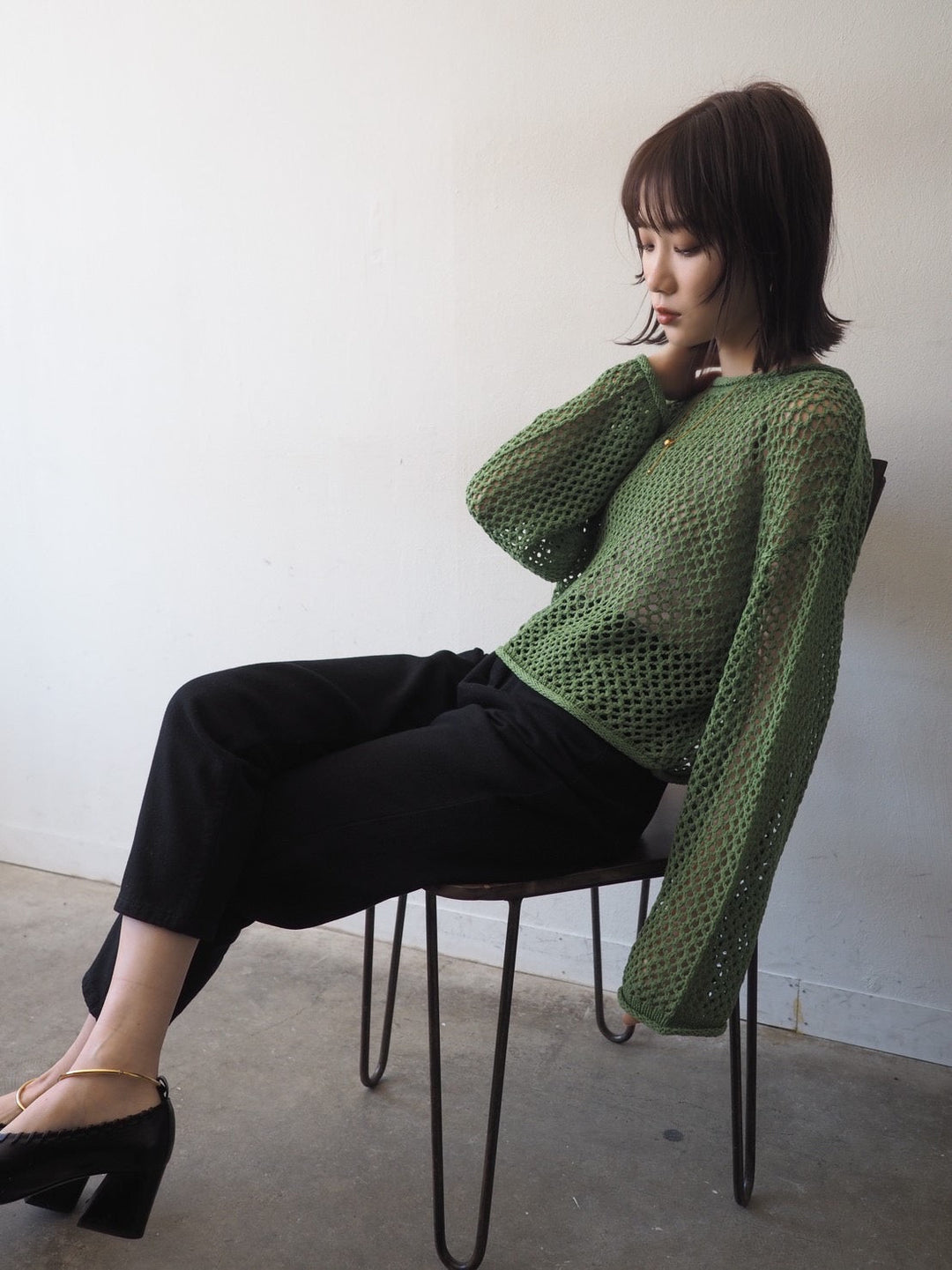 [Pre-order] Mesh short knit pullover/green