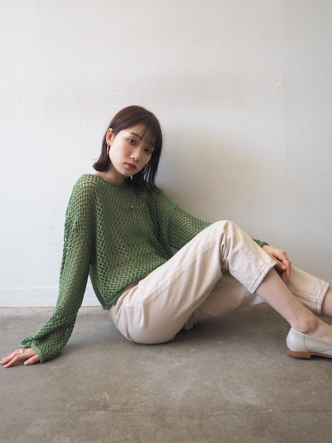 [Pre-order] Mesh short knit pullover/green