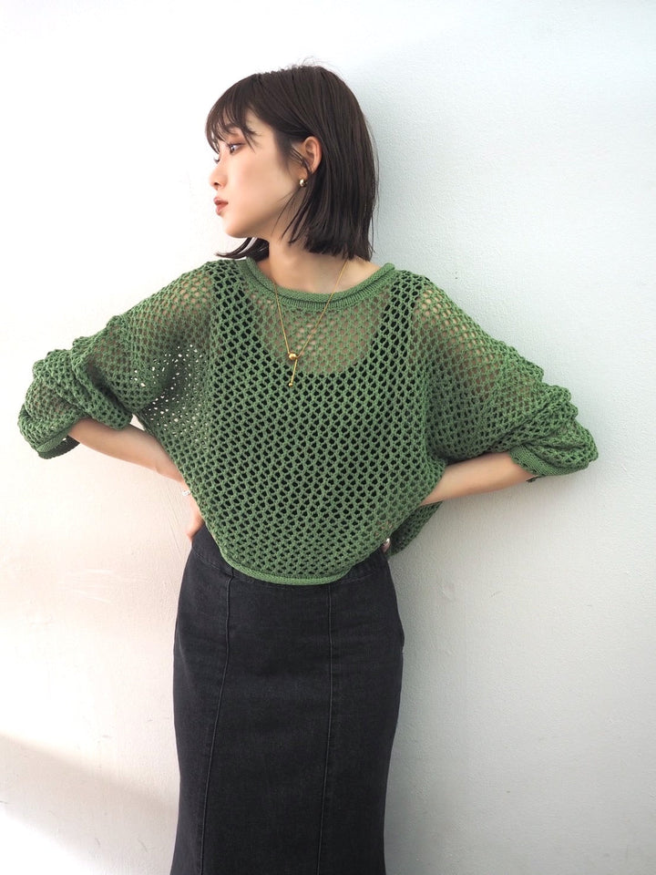 [Pre-order] Mesh short knit pullover/green