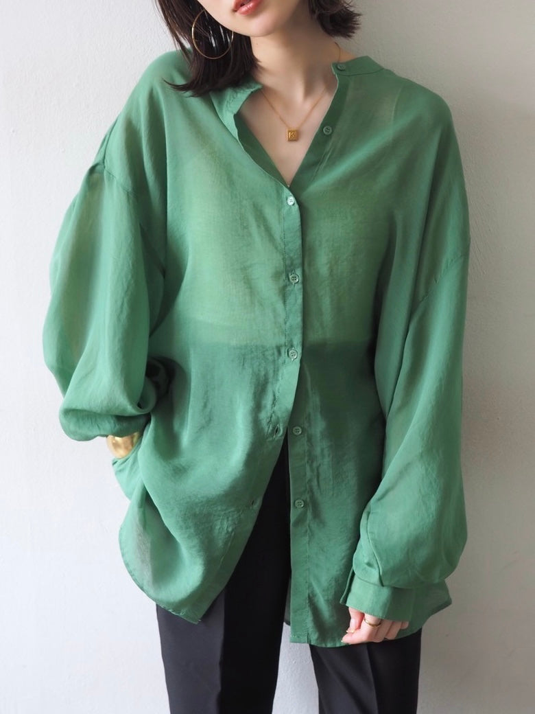 [Pre-order] Band collar over sheer shirt/green