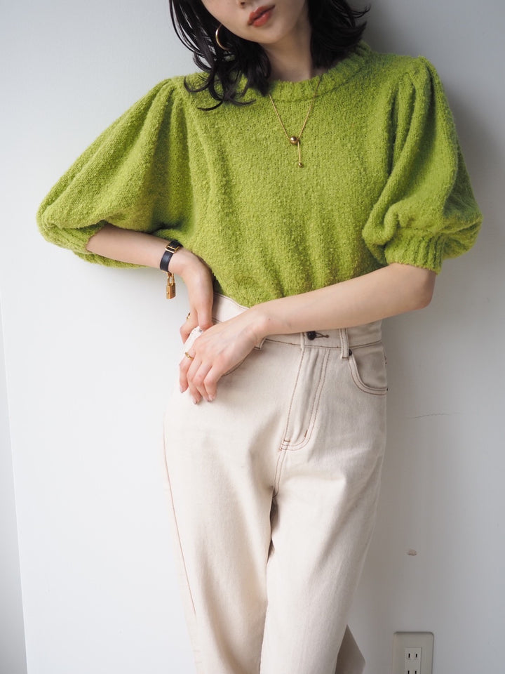 [Pre-order] Volume Sleeve Boucle Knit Top/Green