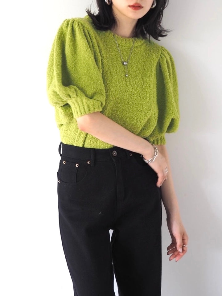 [Pre-order] Volume Sleeve Boucle Knit Top/Green