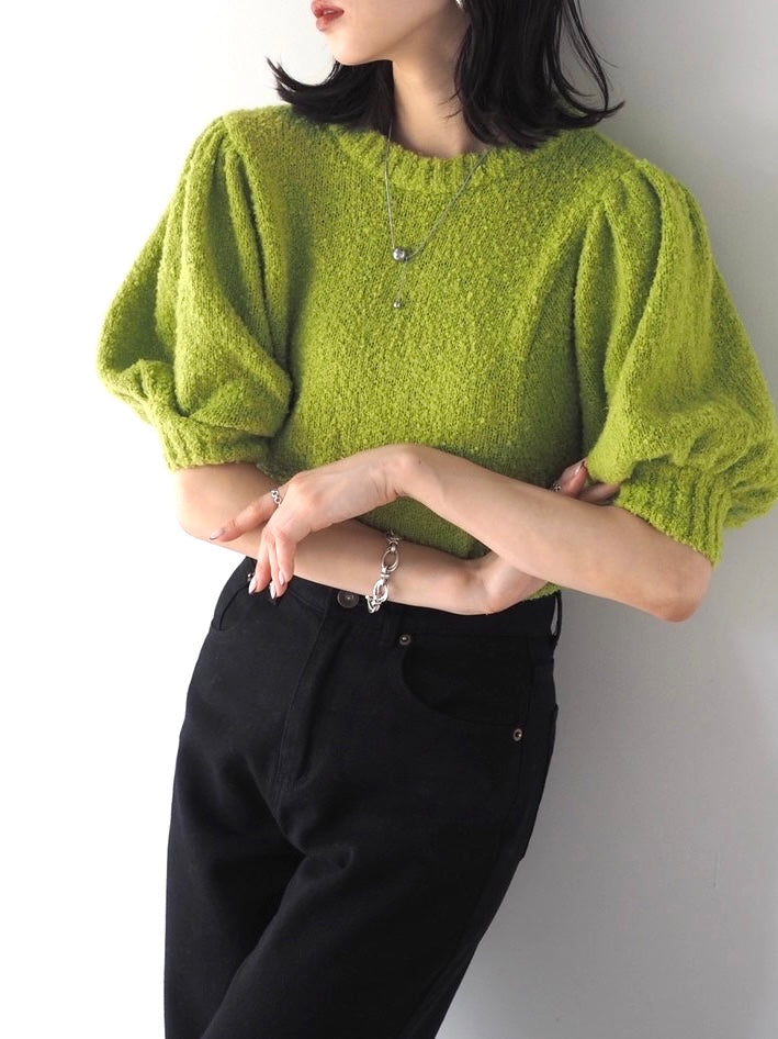 [Pre-order] Volume Sleeve Boucle Knit Top/Green