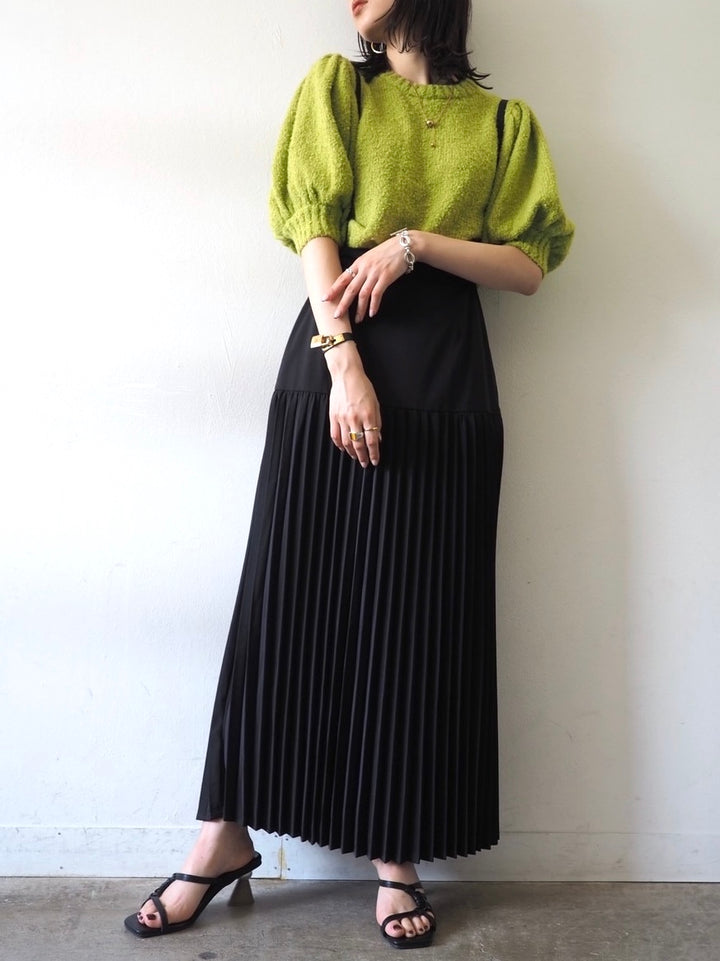 [Pre-order] Volume Sleeve Boucle Knit Top/Green