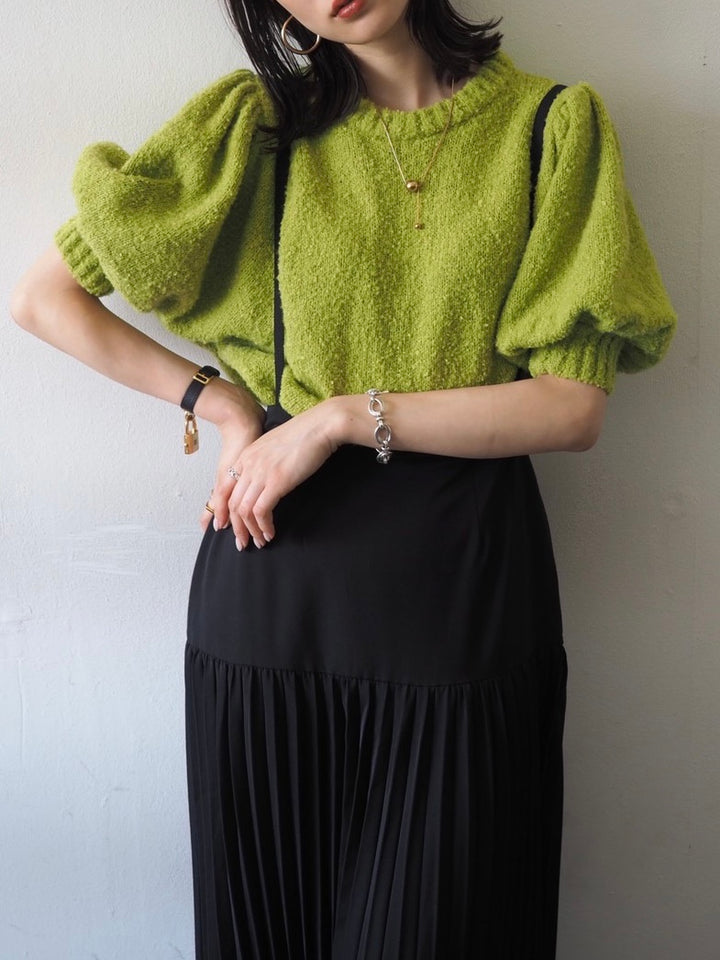 [Pre-order] Volume Sleeve Boucle Knit Top/Green