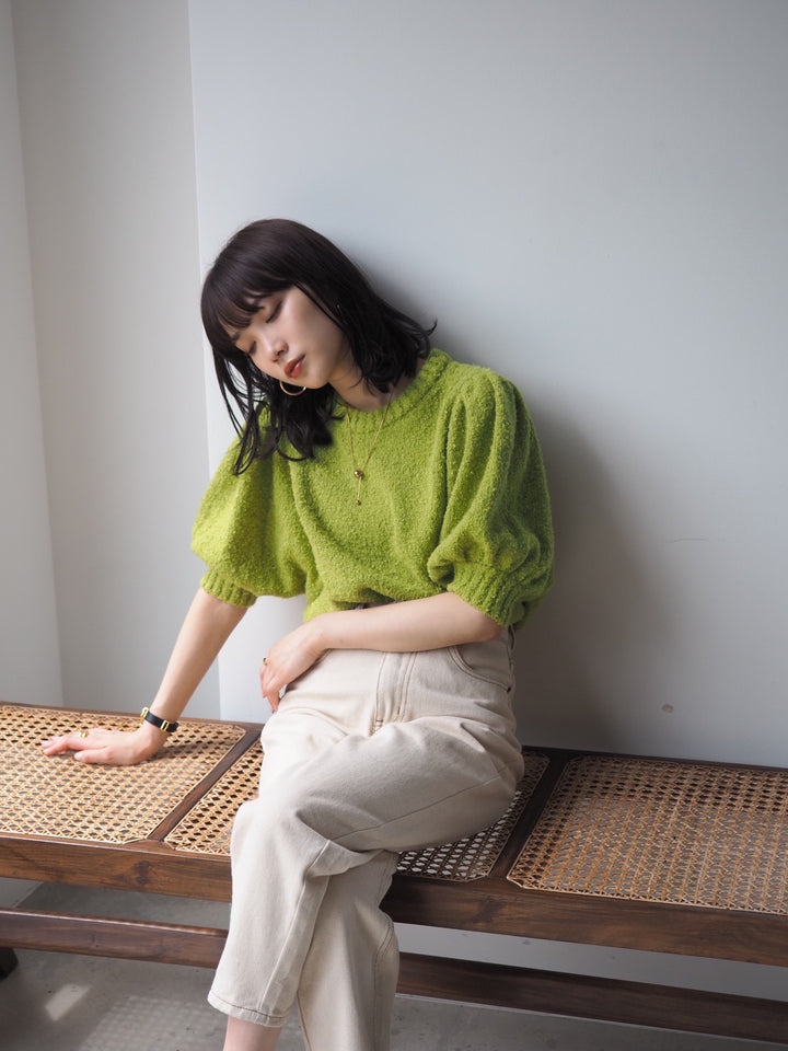 [Pre-order] Volume Sleeve Boucle Knit Top/Green